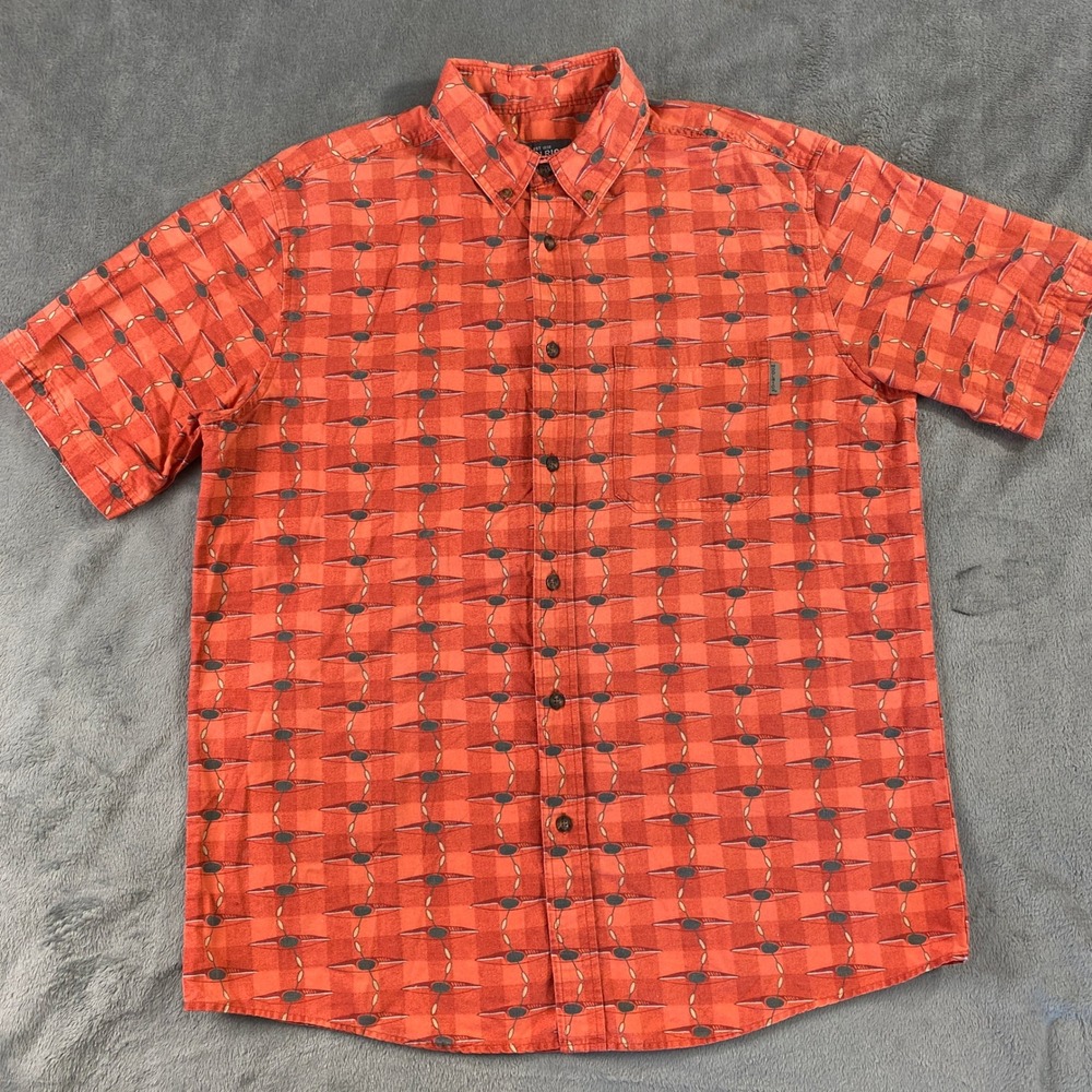 Woolrich Button Down Mens L Orange Kayak Paddle Print Short Sleeve Shirt Novelty